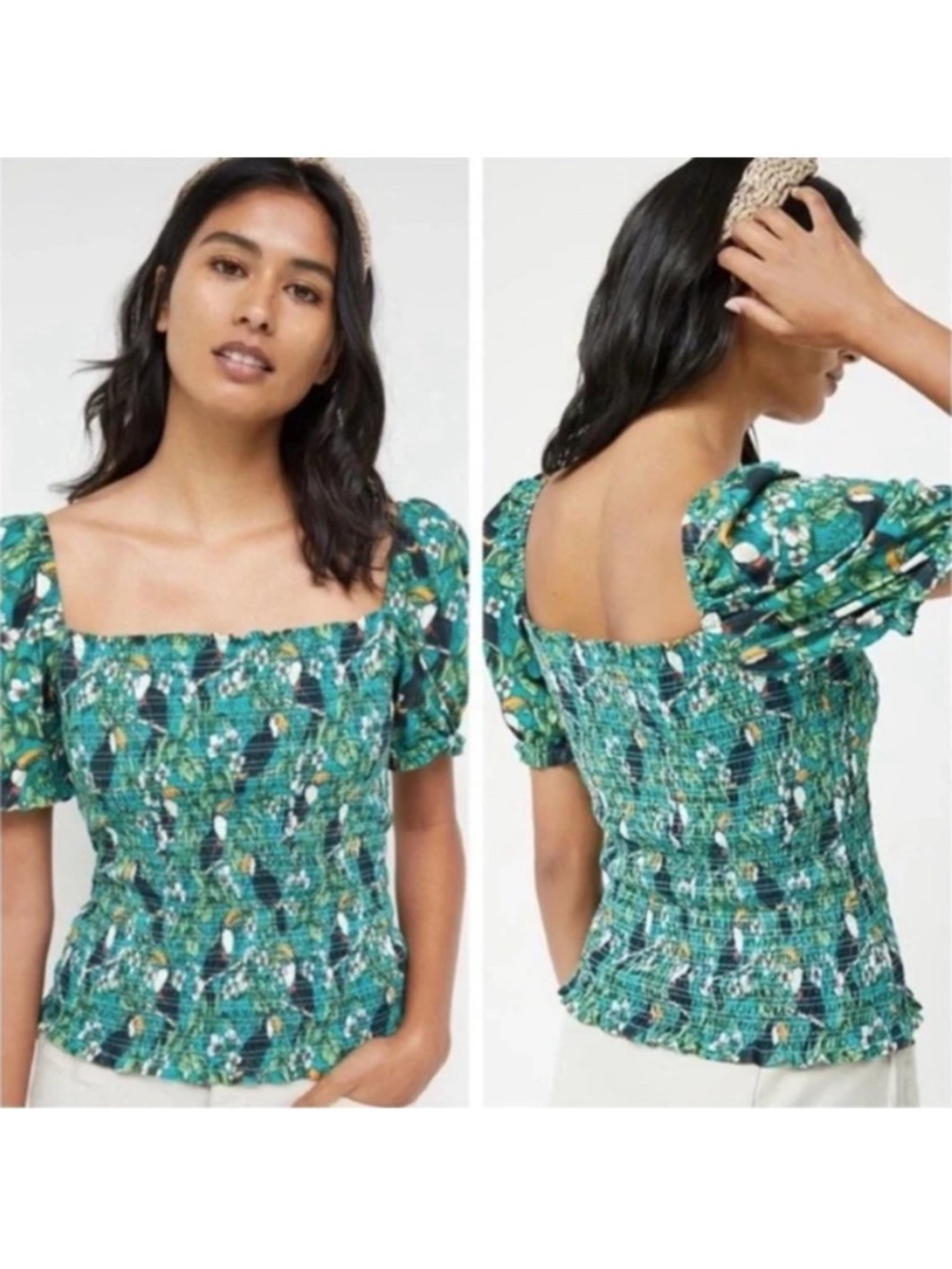 Dolan Anthropologie Tropical Toucan Print Smocked Top Puff Sleeves Size L